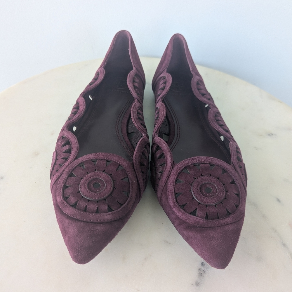 Tory Burch Leyla Burgundy Suede Laser Cut Pointed Toe Ballet Flats - Picture 9 of 11